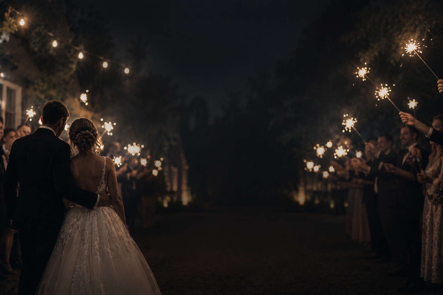Guest's phone view of a bride and groom dancing surrounded by laughing wedding guests at golden hour